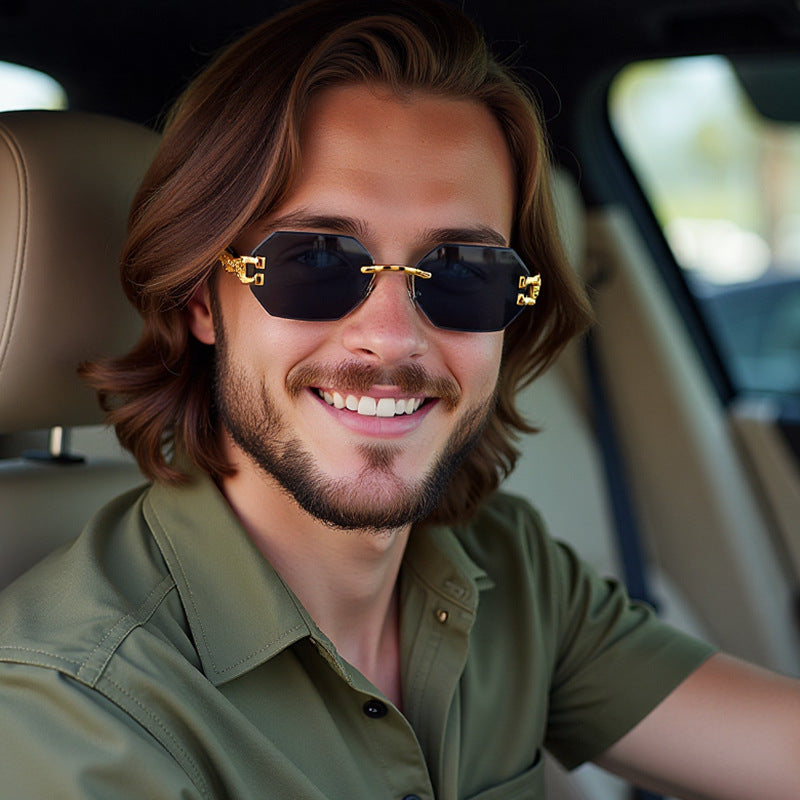 New European and American Retro Frameless Sunglasses for Men with Imitation Wood Grain Temples Wholesale Glasses shades