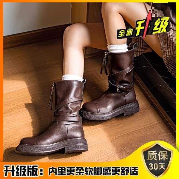 Internet Celebrity Same Style Autumn Medela~Thick-Soled Knight Boots Autumn Winter Retro Style Front Zipper Ghost Emperor Boots Long Boots for Women