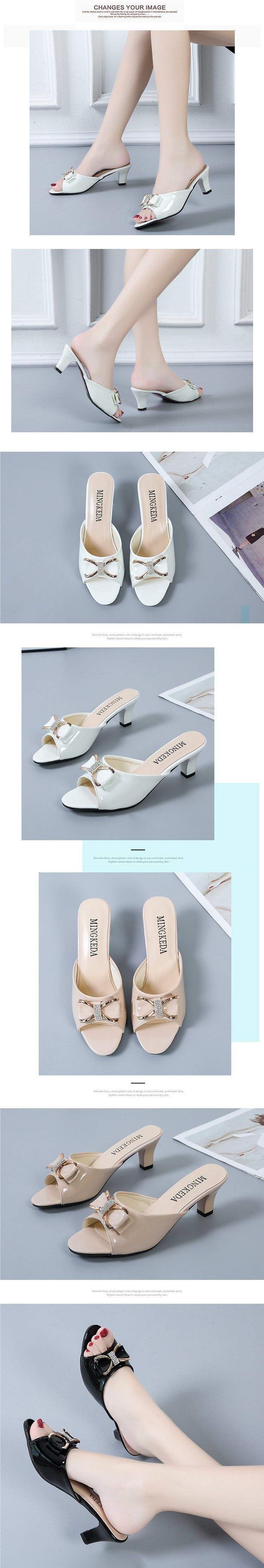 Korean Version Fashion Versatile Bowknot Thin Heel High Heels Women's Outdoor Wear Mid Heel Peep Toe Slippers Large Size Sandals Women's Shoes