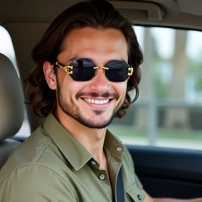 New European and American Retro Frameless Sunglasses for Men with Imitation Wood Grain Temples Wholesale Glasses shades