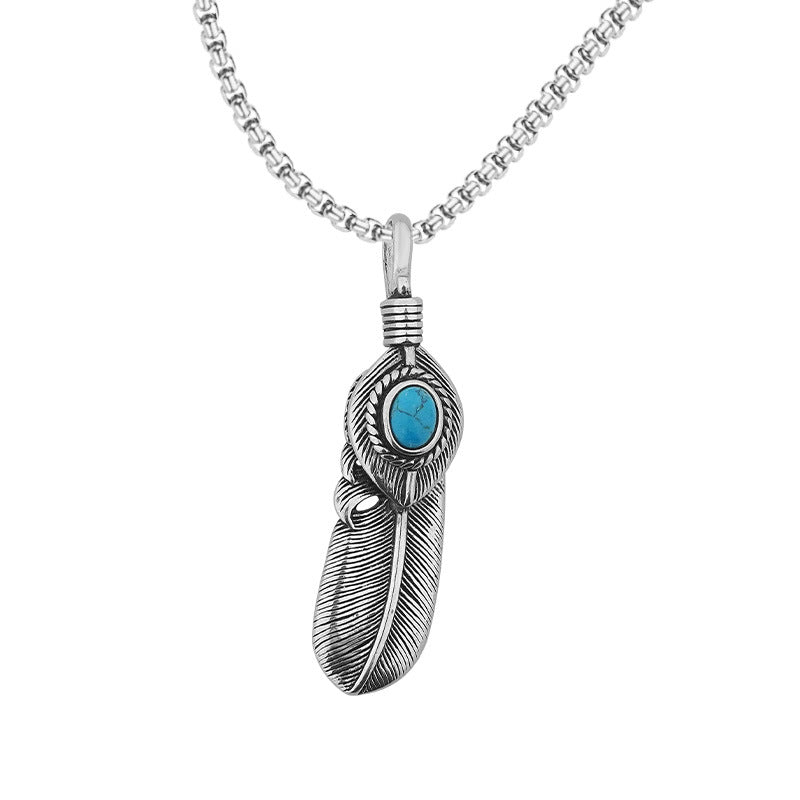 New Takahashi Goro Feather Stainless Steel Men's Necklace Vintage Inlaid Turquoise Titanium Steel Pendant Direct Manufacturer