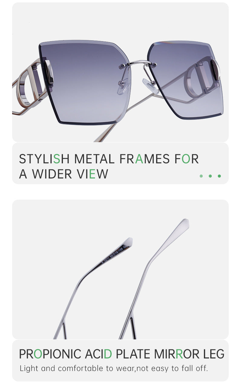 New European and American Fashion Diamond Cut Edge Rimless Sunglasses for Women Trendy Hollow Temple Large Frame Sunglasses Women's Glasses