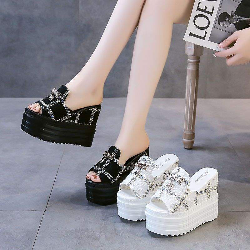 Summer Women's Thick-Soled Waterproof Platform Wedge Slippers with Hidden Height Increase12cm Fish Mouth Beach Sandals for Women