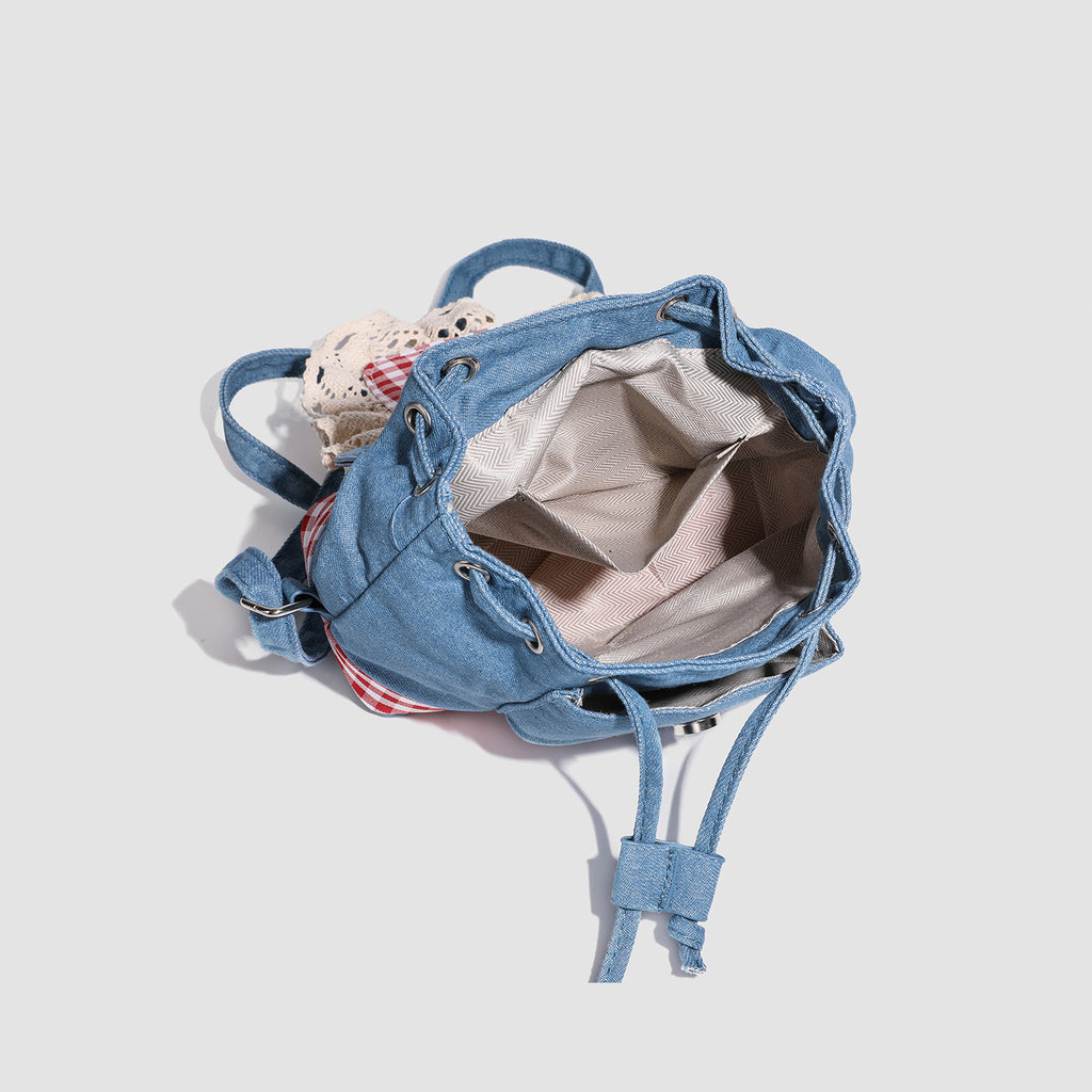 Lace trim denim backpack for women2025New Trendy Fashion Plaid Lace Backpack Handbag Shoulder Bag