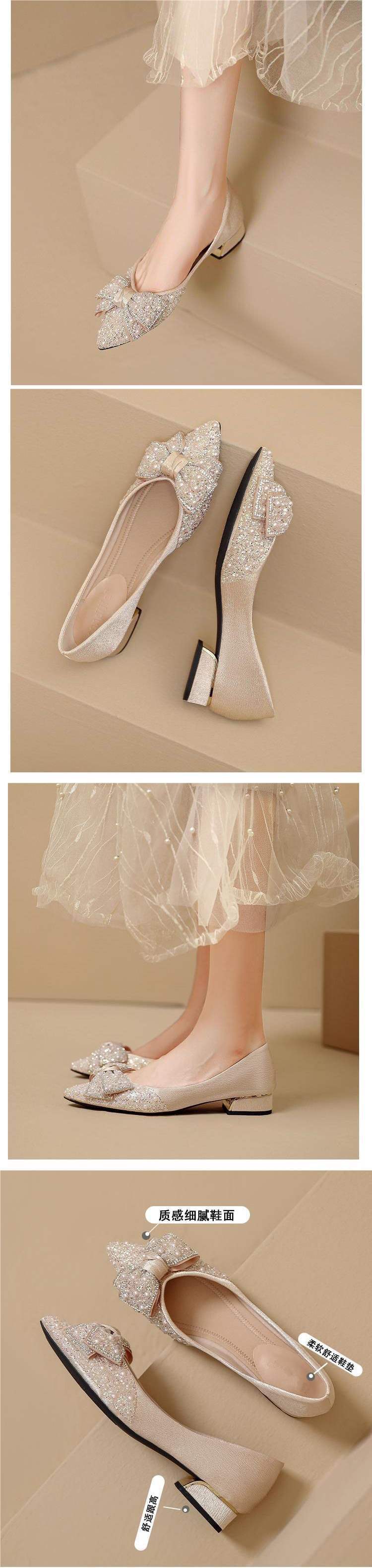 French high heels thick heel bowknot single shoes for women in summer2025New style rhinestone shiny women's shoes, two-way wear