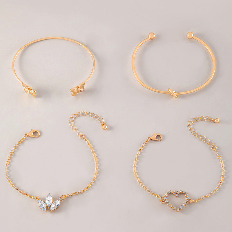European and American Light Luxury Accessories Heart-shaped Leaf Inlaid Diamond Four-layer Bracelet Butterfly Knot Open Bracelet Set for Women