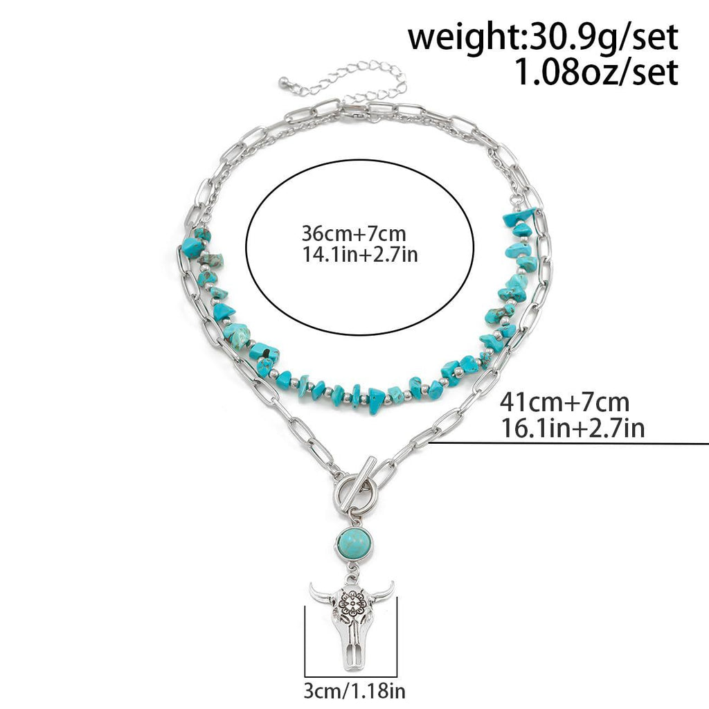 Western Cowboy Turquoise Necklace European and American Layered Necklace Set Cactus Boots Pendant Ethnic Style Retro Necklace