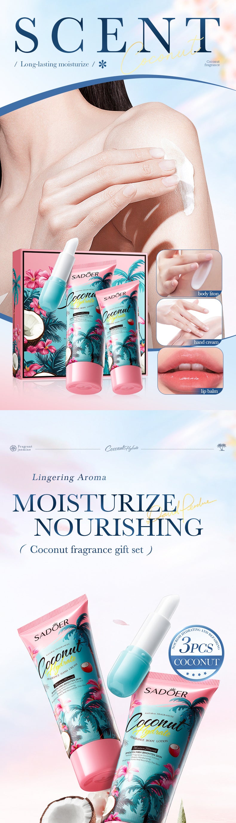 Full English Coconut Fragrance Luxury Care Gift Box SADOER Hydrating Body Lotion Hand Cream Lip Balm  Wholesale