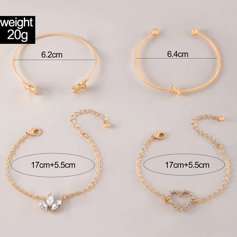 European and American Light Luxury Accessories Heart-shaped Leaf Inlaid Diamond Four-layer Bracelet Butterfly Knot Open Bracelet Set for Women