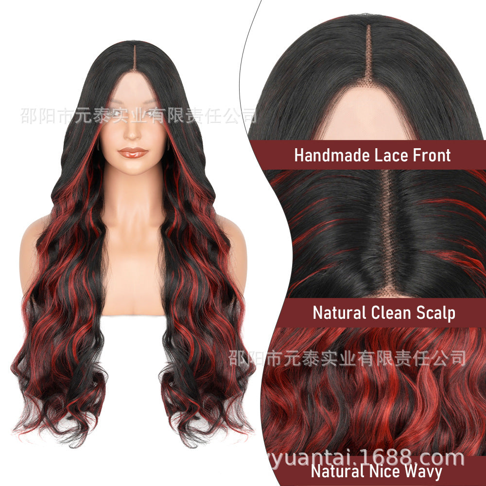 European and American Style Wig for Women, Front Lace, Wavy Long Curly Hair, Red and Black Gradient Color, High-Temperature Fiber, Synthetic Hair Wig, European and American Cross-Border