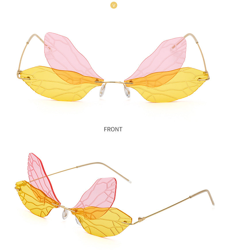 Dragonfly Sunglasses for Women, Stylish Wing Design, Fashionable Double Lens Party Dance Frameless Sunglasses