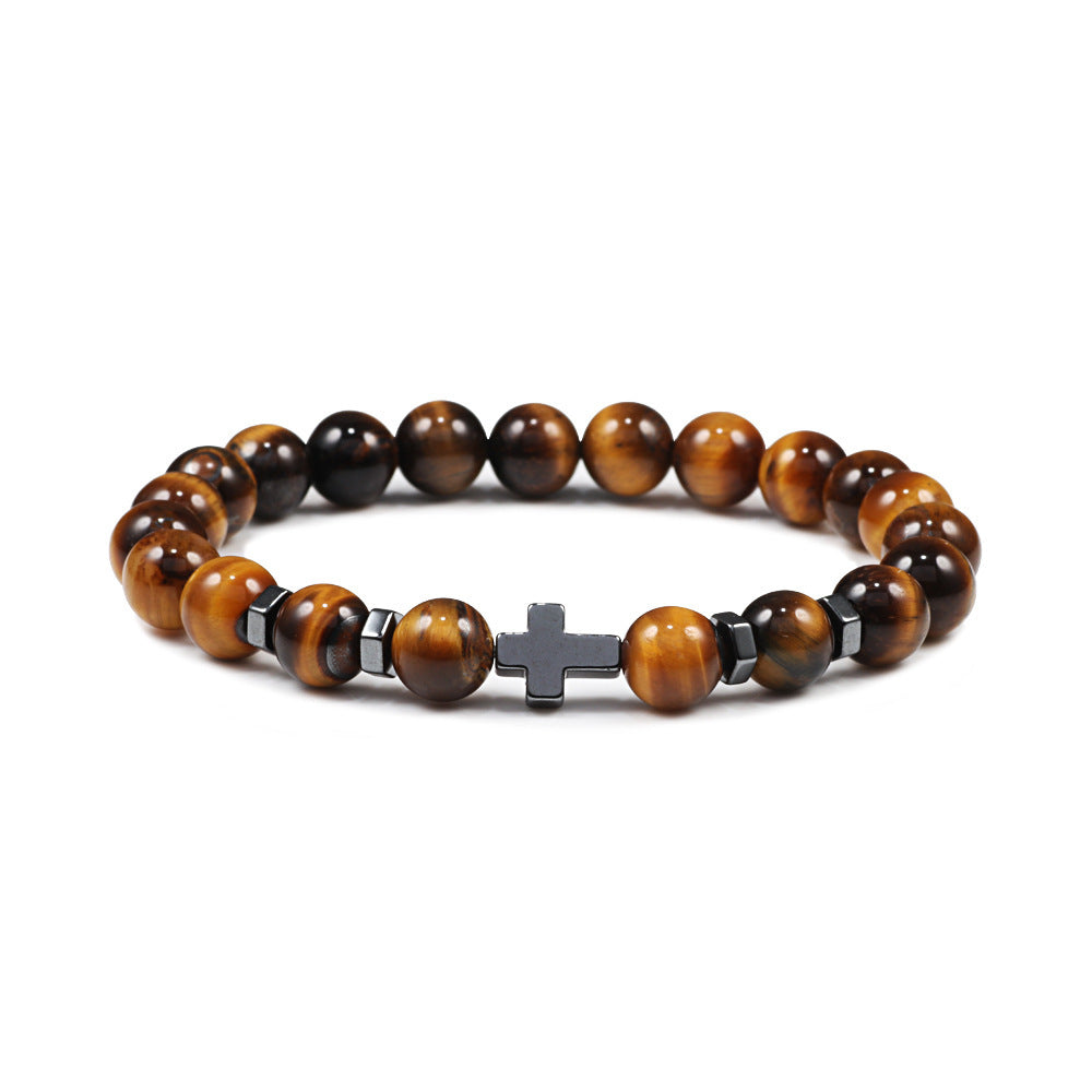 Men's Cross Spacer Bracelet Natural Stone8mm Tiger Eye Turquoise Bracelet Black Gallstone Volcanic Cross Bracelet