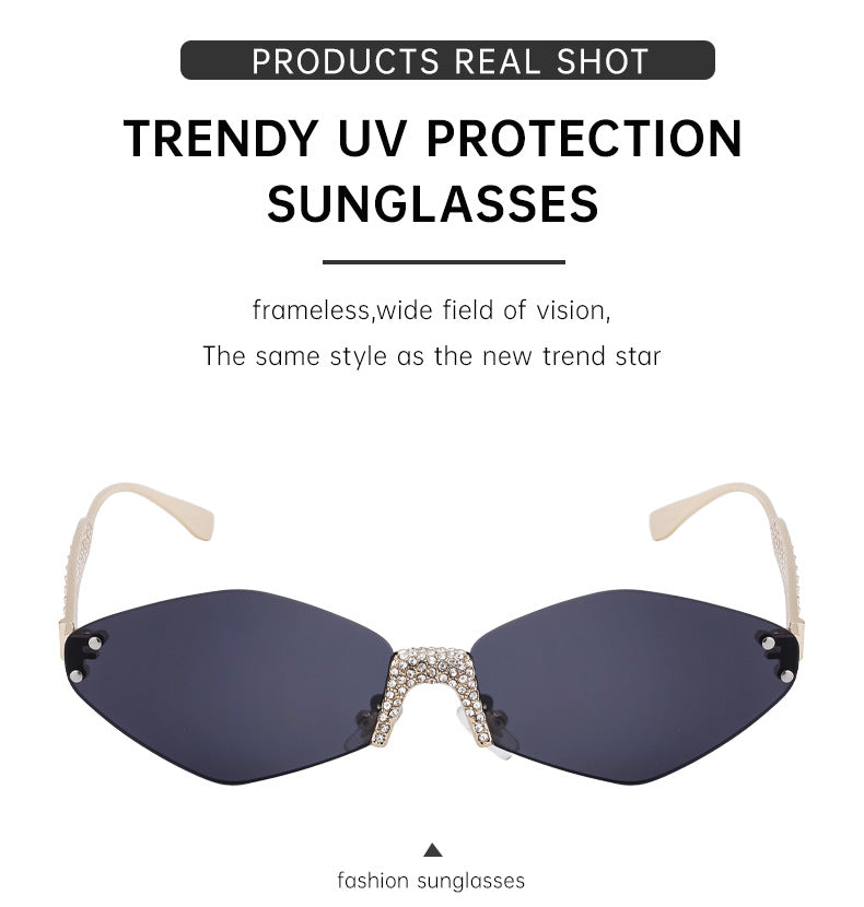 New Diamond Cut Edge Frameless Sunglasses for Women, Diamond-Studded Sunglasses, Sun Protection, Diamond-Shaped Frame Glasses for Women shades