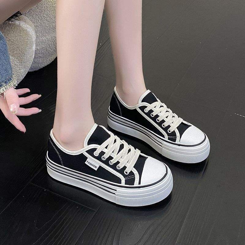 Internet Celebrity Thick-Soled Biscuit Canvas Shoes for Women2025New Spring and Autumn Versatile Breathable Casual White Sneakers
