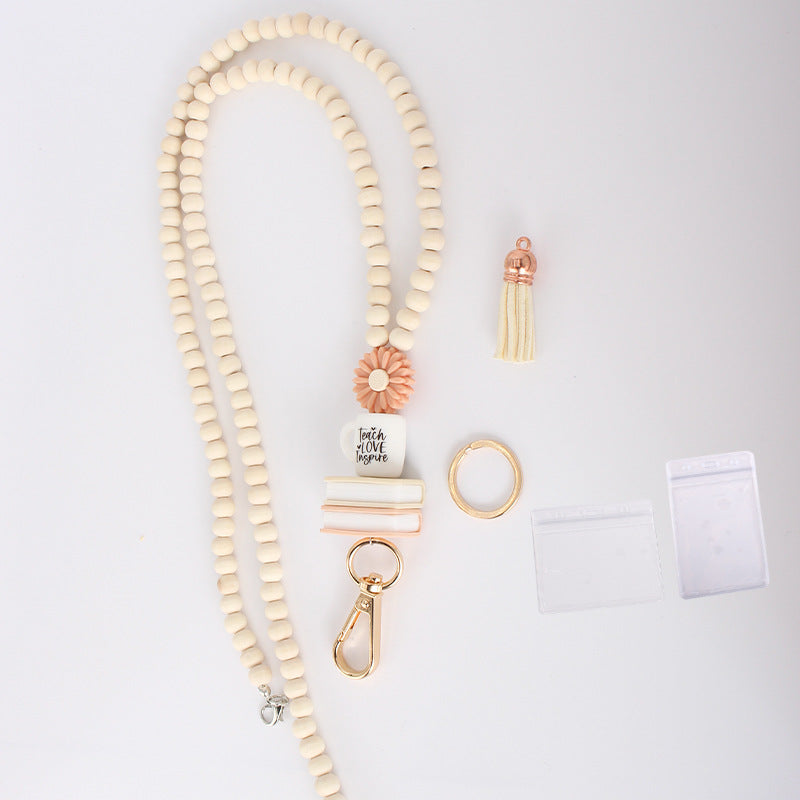 European and American Work ID Lanyard Necklace Silicone Water Bottle Book Pendant Teacher Appreciation ID Wooden Bead Necklace