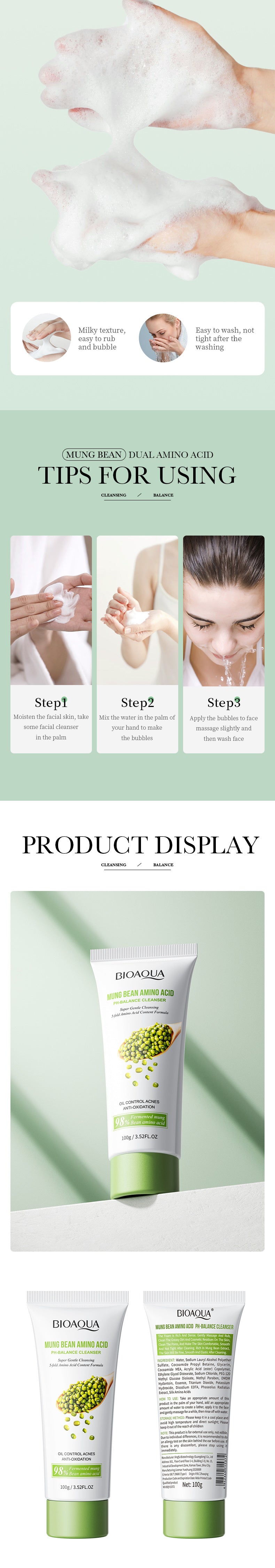 Amino Acid Facial Cleanser BIOAOUA Mung Bean Deep Cleansing Refreshing Facial Cleanser Cross-Border Wholesale