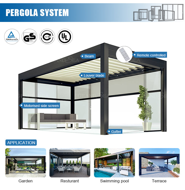 Waterproof Pergola Leisure Garden Motorized Louvered Roof Aluminium Outdoor Bioclimatic Pergola Aluminum