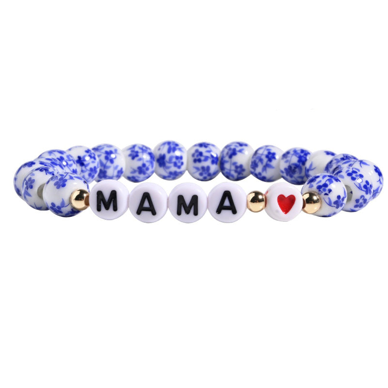 Mother's Day Gift Bracelet for Women, Festive Chinese Style Bracelet8mm Orchid Beaded MAMA Alphabet Blue and White Porcelain Bracelet