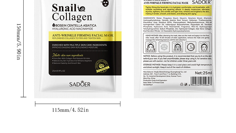 Full English Snail Face Mask SADOER Collagen anti-wrinkle firming delicate skin mask  wholesale