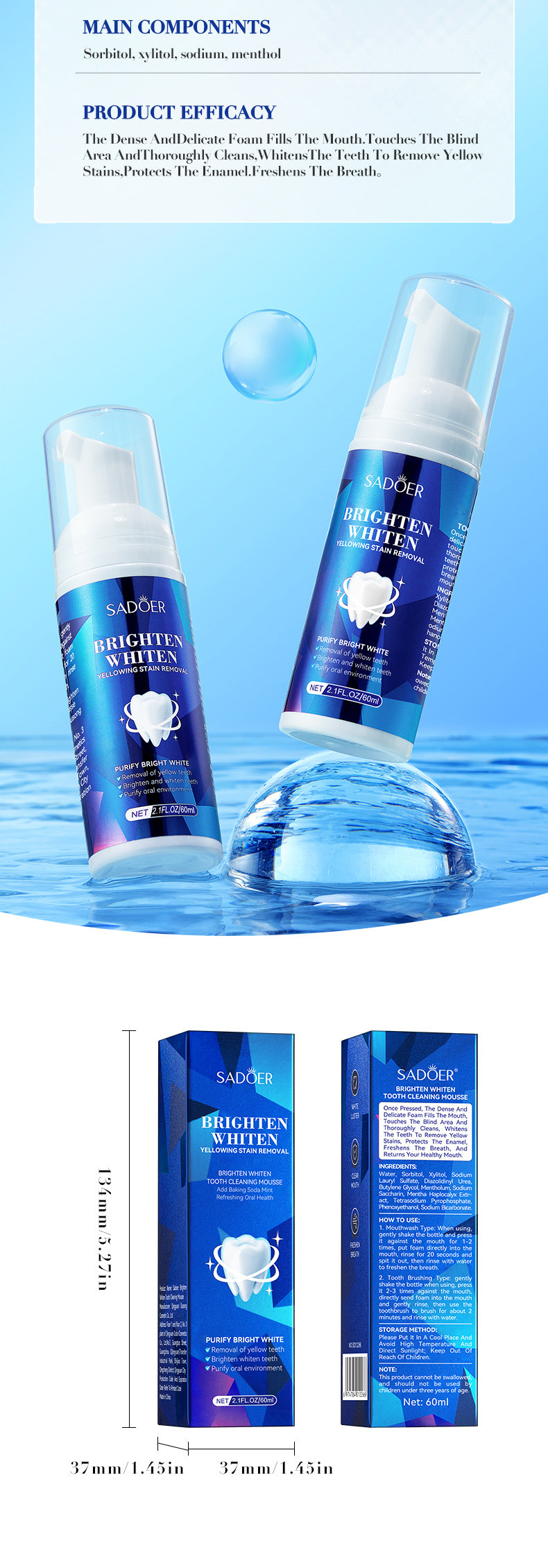 Full English Teeth Cleaning Mousse60mlSADOER Clean Tartar, Gum, Teeth, Oral Care,  Foreign Trade Wholesale