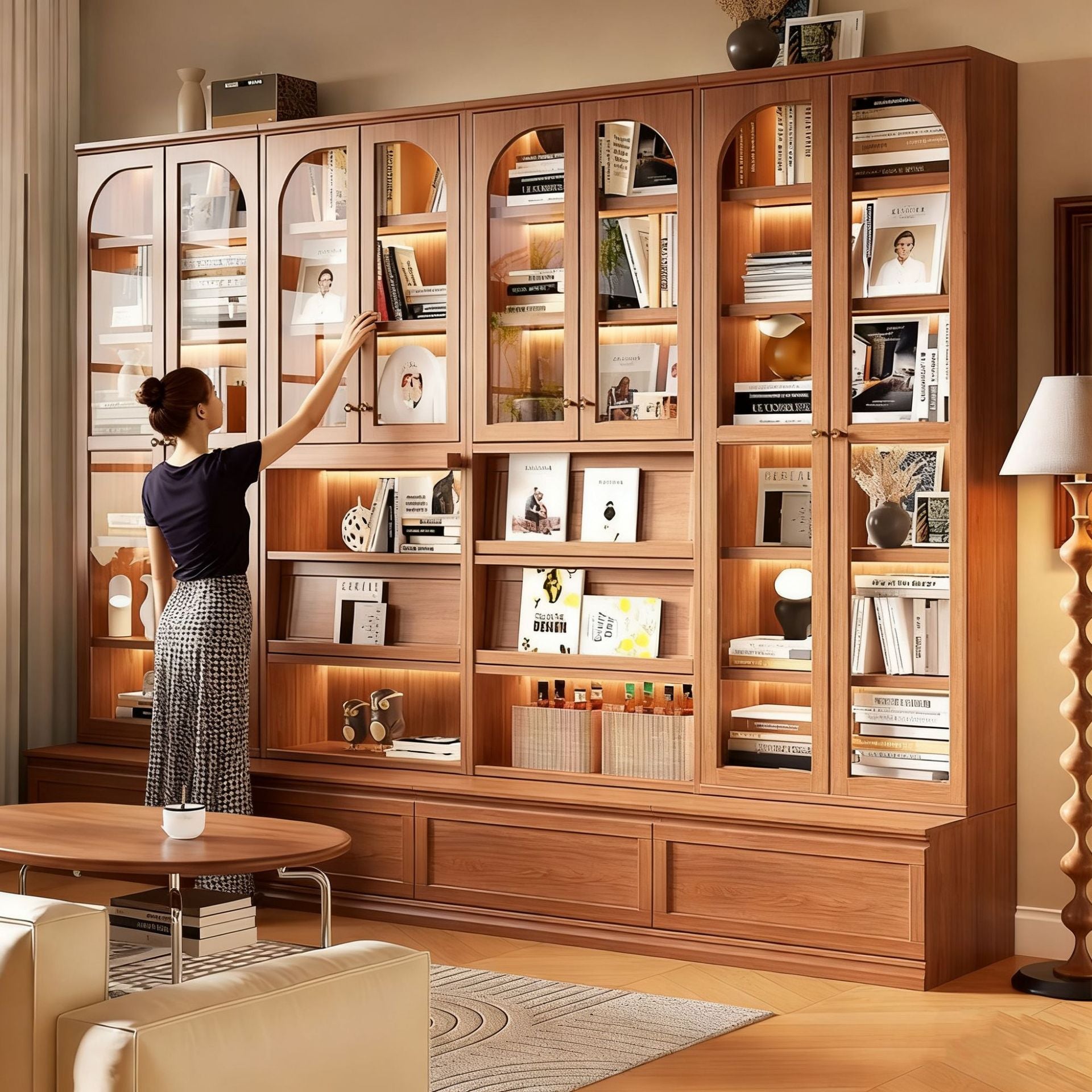 Custom Aluminum Alloy Bookshelf Walnut Color Living Room Combination Integrated Wall Floor Book Storage Display Organizer