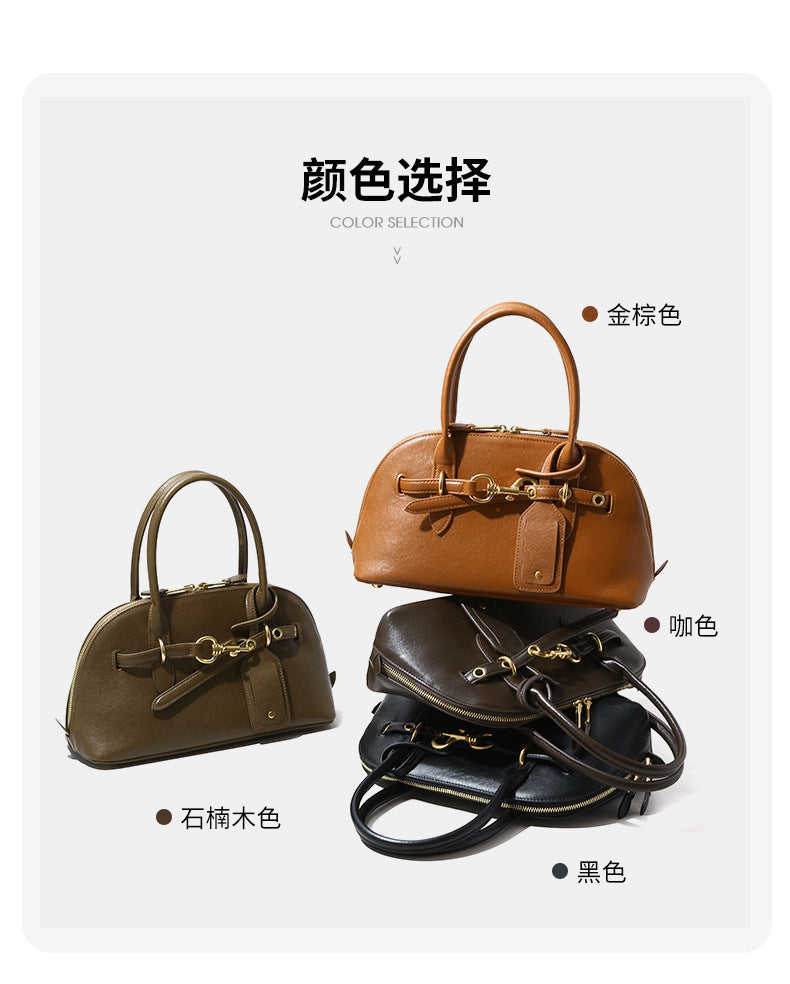 Miaojia Same Style European and American Retro Handbag Female Sense Top Layer Cowhide Crossbody Shell Bag Niche Boston Bag