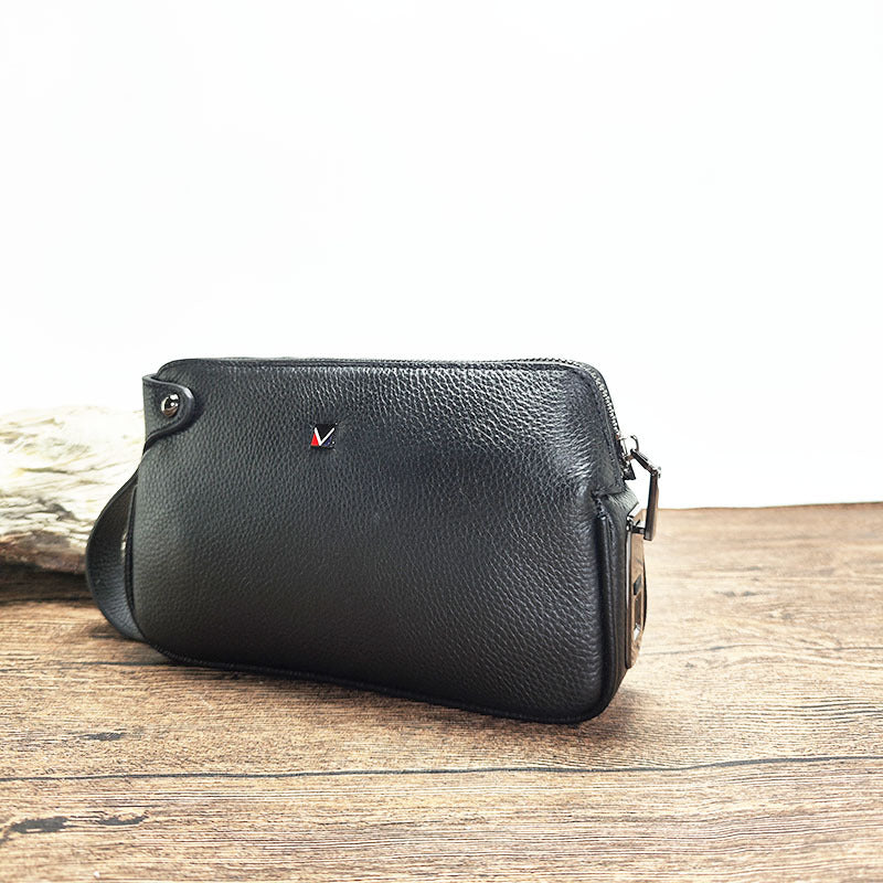 Fingerprint Lock Clutch Wrist Strap Handheld Bag for Phone Men's Business Genuine Leather Handbag Portable Fingerprint Unlock