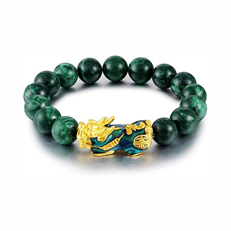 Hot Selling Gold Pixiu Bracelet for Men, Temperature-Sensitive Color-Changing Lucky Fortune Beads, Green Agate Pixiu Bracelet