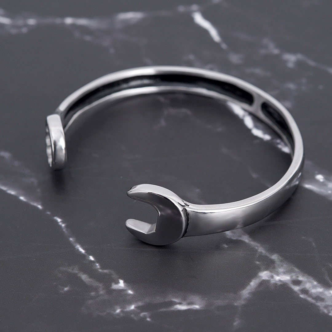 New Titanium Steel Fashion Personality Trendy Cool Men's Open Stainless Steel Wrench Bracelet Factory Wholesale