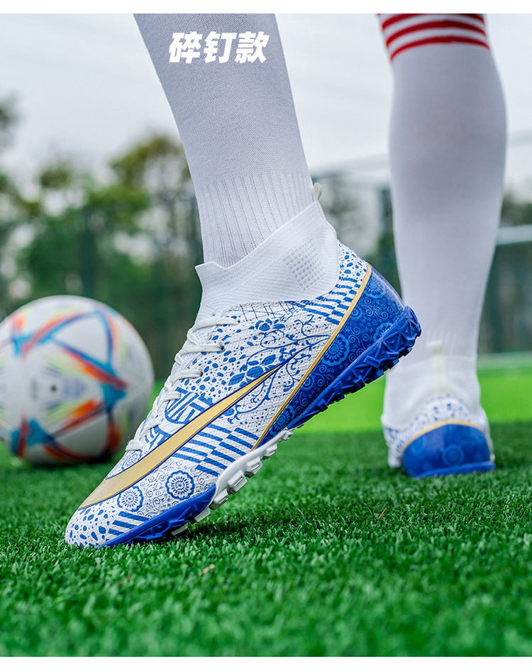 World Cup Same Style Blue and White Porcelain High-top Soccer Shoes for Men and Women, Children and Youth Competition Training Shoes