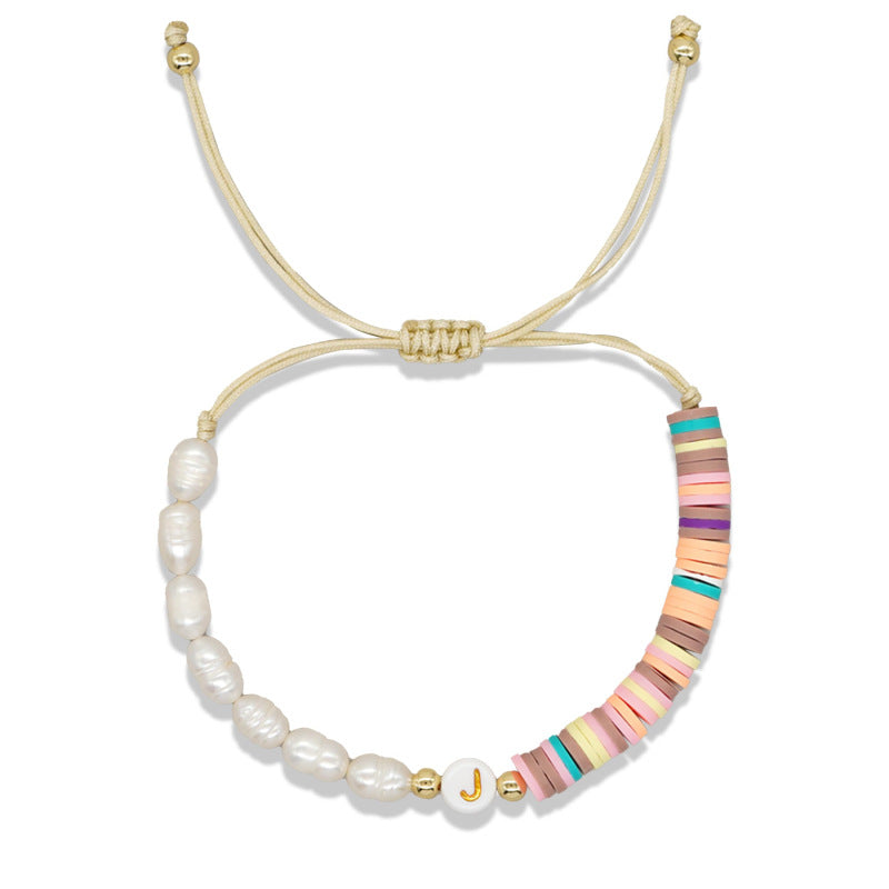 Imitation pearl26Letter Bracelet Bohemian Casual Vacation Bracelet Gold Beads Stretchable Soft Clay Woven Bracelet