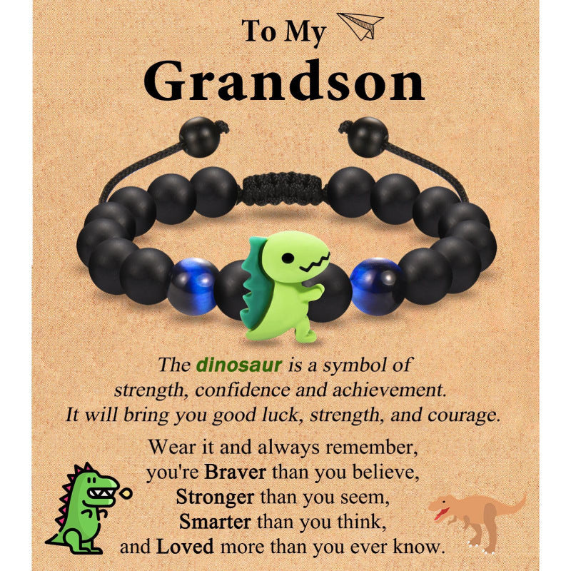 Black Matte Woven Bracelet with Tiger Eye Stone8mm Beaded Children's Back-to-School Season Bracelet Card Little Dinosaur Woven Bracelet