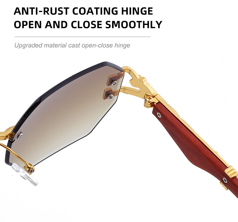 New European and American Retro Frameless Sunglasses for Men with Imitation Wood Grain Temples Wholesale Glasses shades