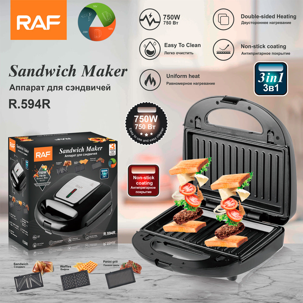 RAF European Standard 3-in-1 Waffle Maker Breakfast Machine Portable Baking Steak Home Multi-Functional 594R