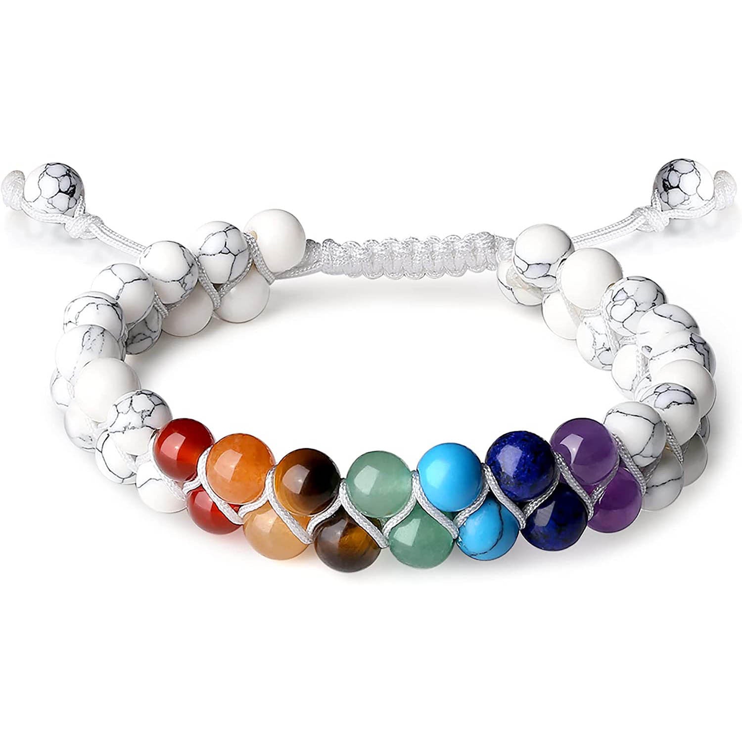 Hot Sale6mm Natural White Turquoise Colorful Double Layer Bracelet Braided Rope Adjustable Tiger Eye Stone Double Row Bracelet