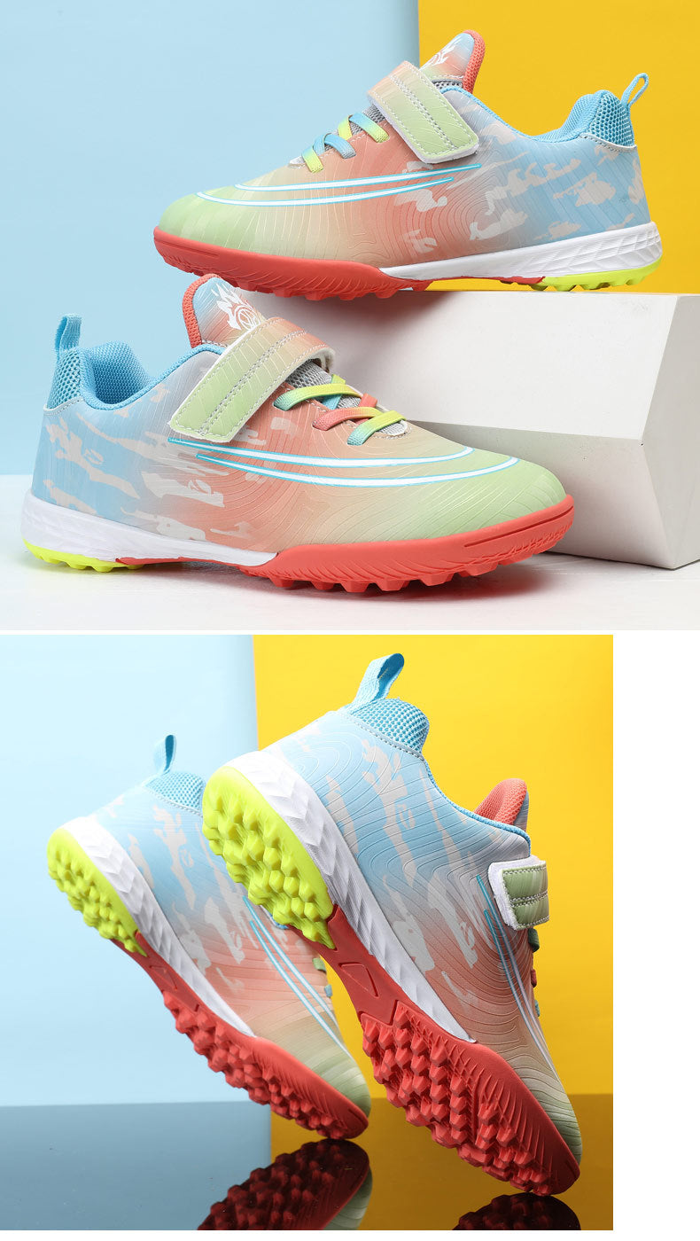 New Football Shoes for Men, Women, and Children, Imitation Leather Low-Top Anti-Collision Spike Magic Tape Grass Training Sports Shoes