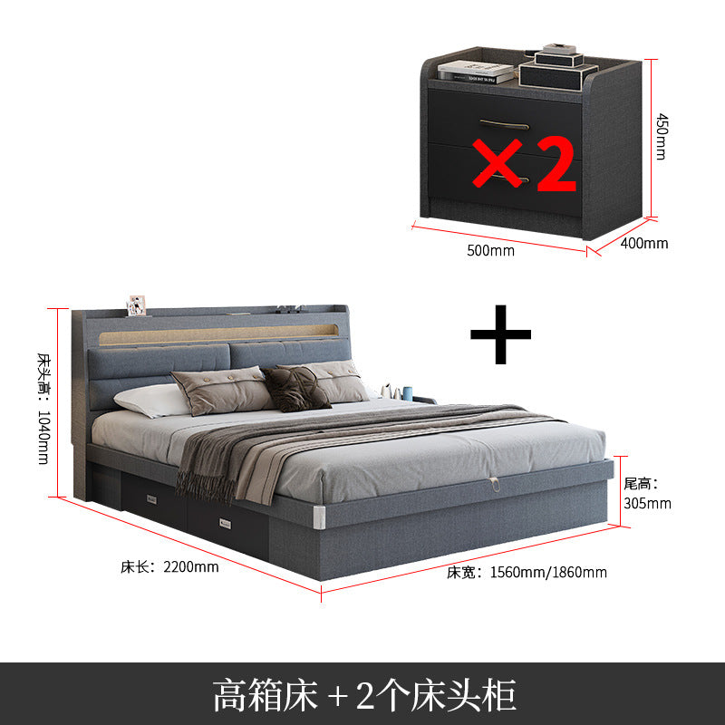 Factory Custom Tech Fabric Bed1.8Gray High Box Storage Bed for Bedroom Double Bed, No Paint Needed, Storage Artifact