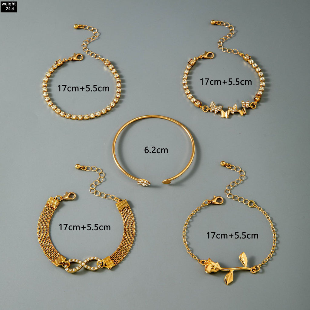 European and American Light Luxury Accessories Heart-shaped Leaf Inlaid Diamond Four-layer Bracelet Butterfly Knot Open Bracelet Set for Women