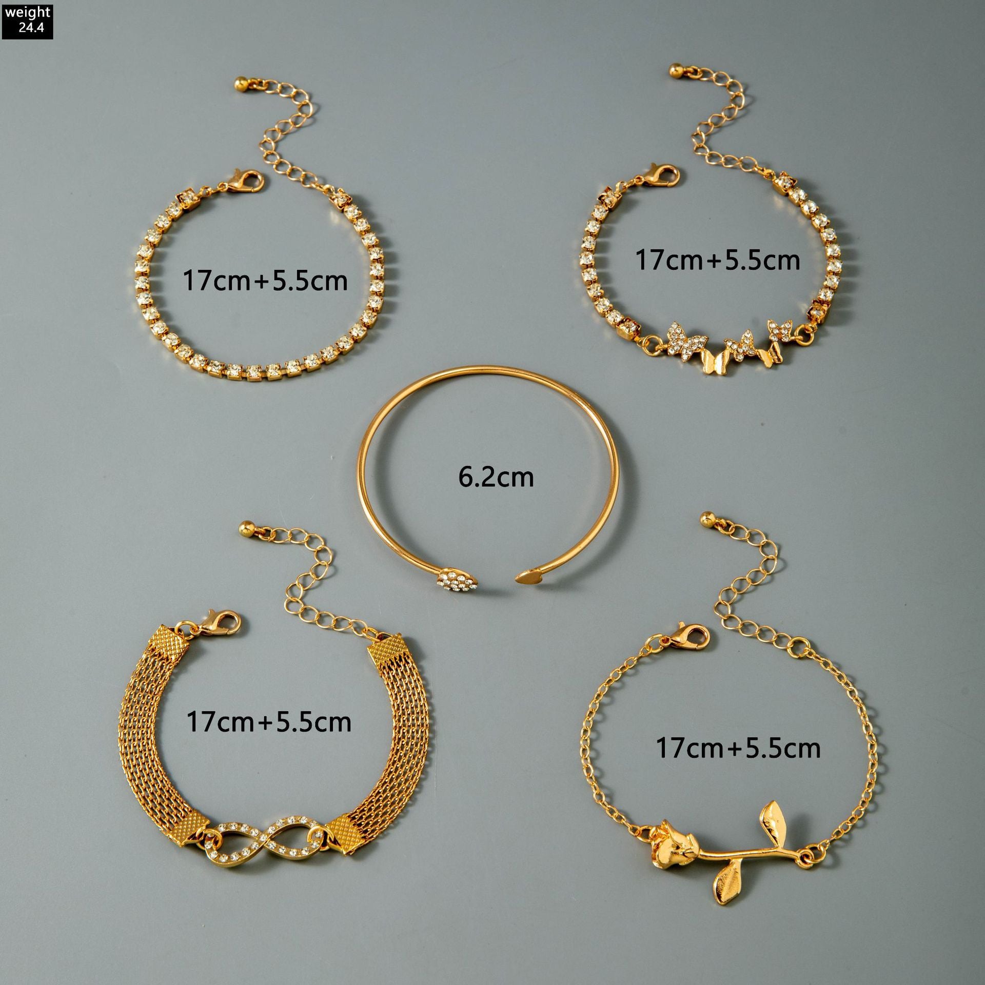 European and American Light Luxury Accessories Heart-shaped Leaf Inlaid Diamond Four-layer Bracelet Butterfly Knot Open Bracelet Set for Women