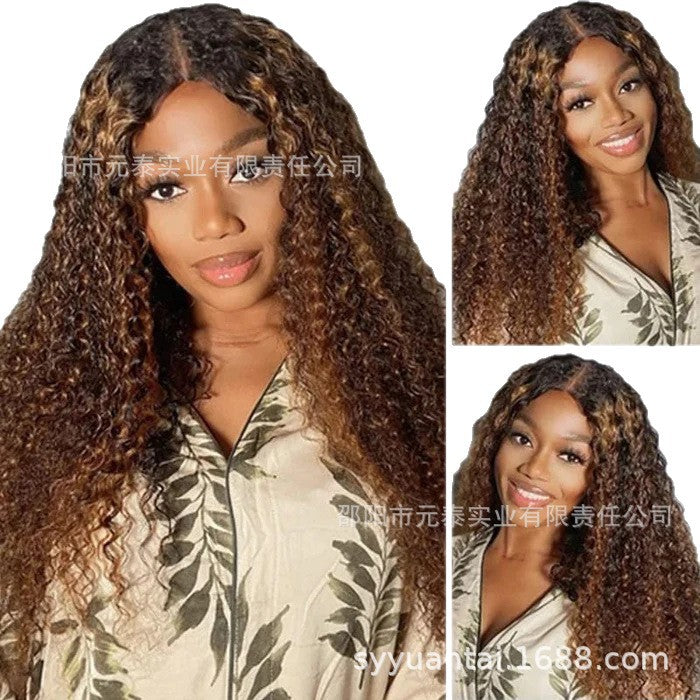13X4 Highlight Curly Frontal Wig Honey Brown Synthetic Wigs