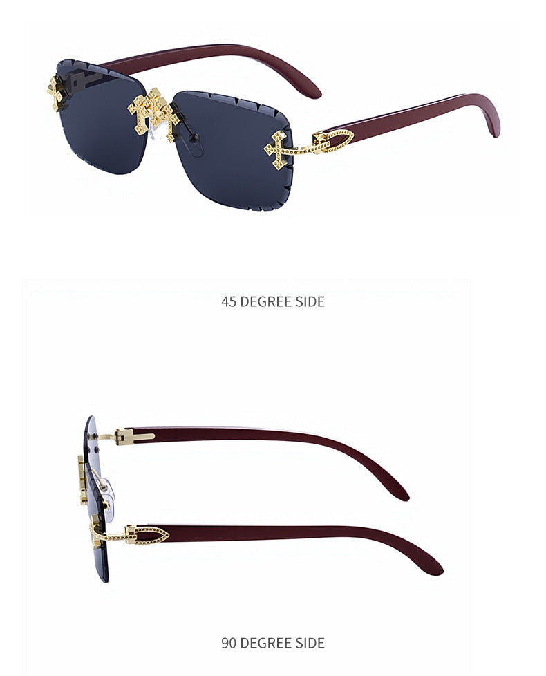 2025New European and American Retro Frameless Sunglasses for Men with Diamond Cut Edge and Imitation Wood Grain Temples Wholesale