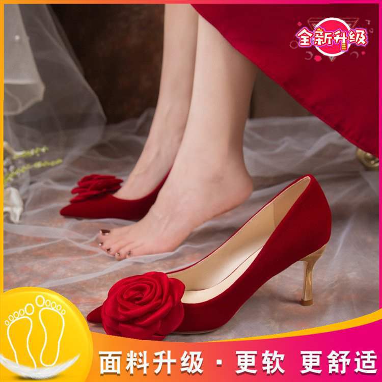Comfortable French Fairy Red Rose Wedding Shoes Bride Shoes Elegant Satin Thin Heel Pointed High Heels for Women