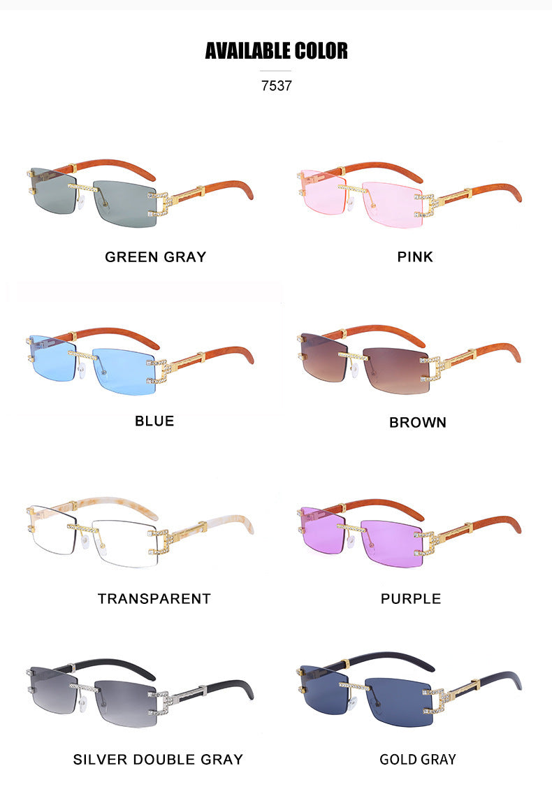 Imitation Wood Grain Leg Retro Sunglasses for Men Fashion Trend Diamond-Studded Rimless Sunglasses Men's Sun Protection Square Frame Glasses Street Style