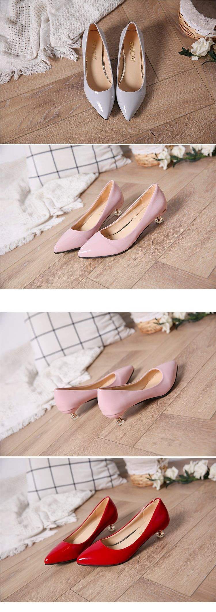 Low Heel High Heel Shoes Shiny Leather Cat Heel Shoes for Women3cm Stiletto Low Heel Korean Style Elegant Pointed Toe Small Heel Single Shoes Work Shoes