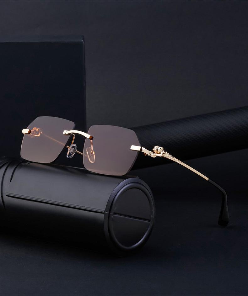 European and American Frameless Cut Edge Leopard Temple Sunglasses for Men Retro Square Frame Driving Sun Protection Sunglasses Wholesale Glasses