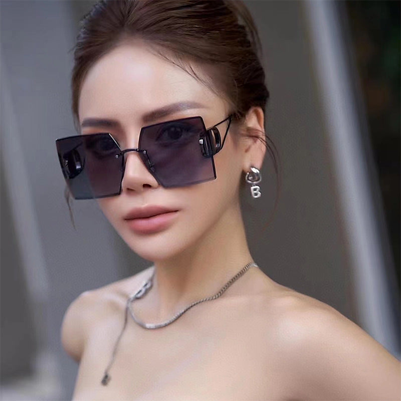 New European and American Fashion Diamond Cut Edge Rimless Sunglasses for Women Trendy Hollow Temple Large Frame Sunglasses Women's Glasses