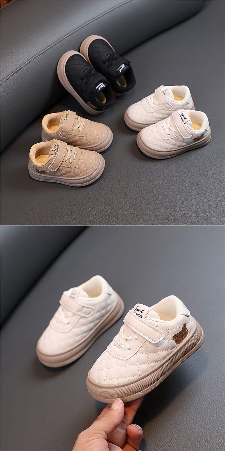 2025Spring and Autumn New Children's Sports Shoes Boys' Shoes Girls' Casual Sneakers Baby Cartoon Bear Outdoor Leather Shoes
