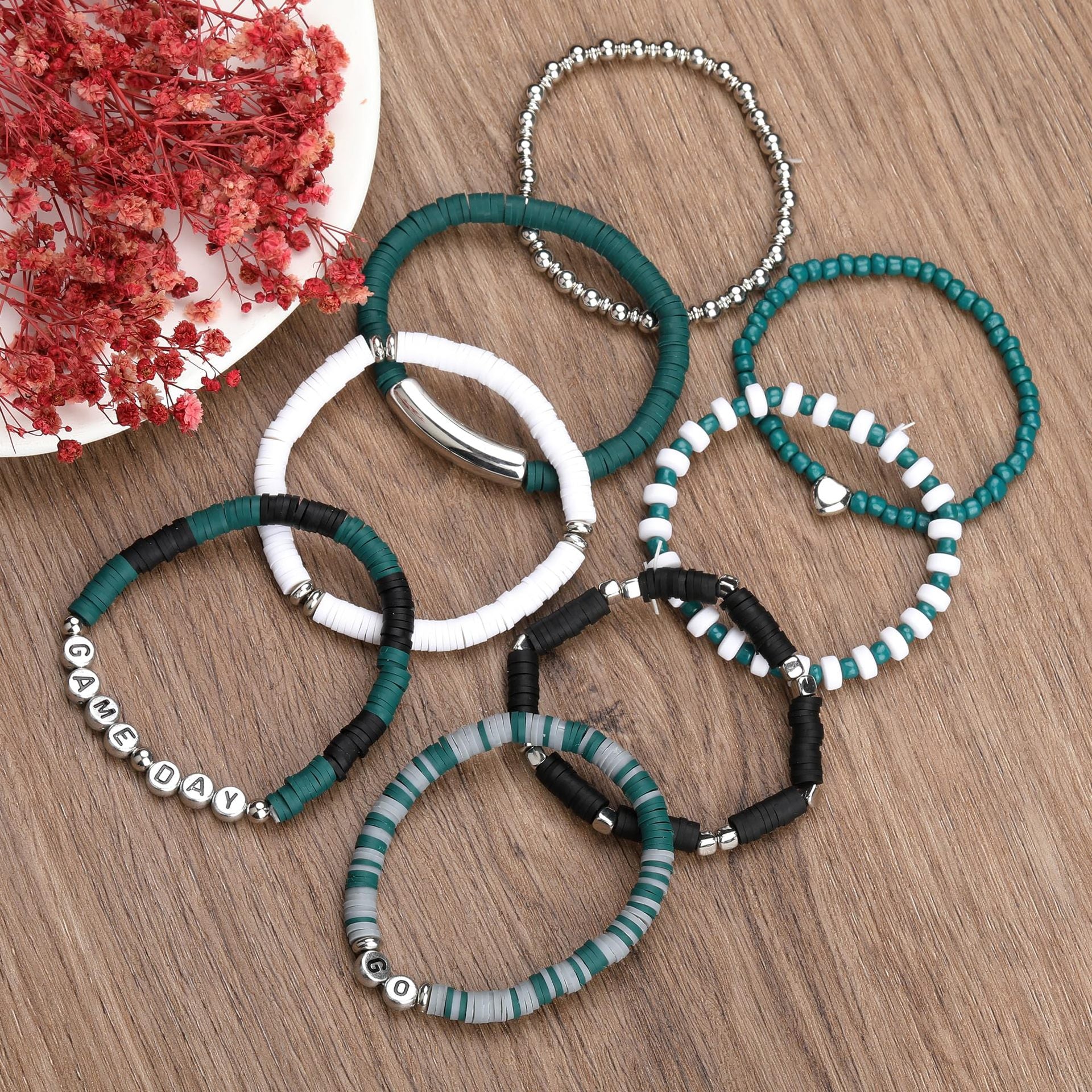 Game Day Soft Clay Bracelet Set Multi-layer Stackable Elastic Bracelet Super Bowl Game Day Football Bracelet