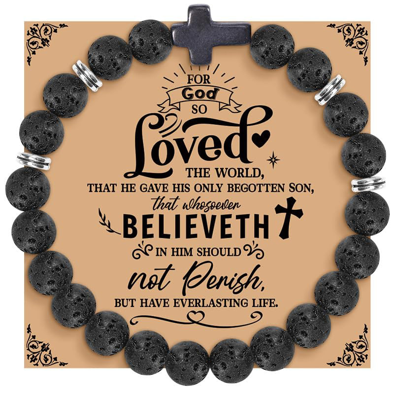 Dragon Pattern Stone Bracelet8mm Beaded Cross Gift Bracelet Natural Tiger Eye Volcanic Stone Faith Cross Bracelet