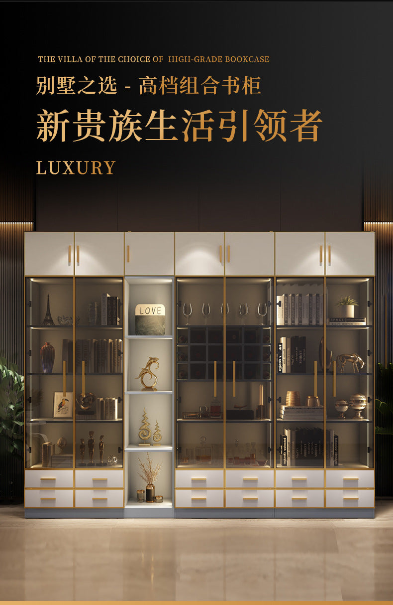 Modern Light Luxury Bookshelf Paint-Free Board Aluminum Alloy Glass Door Combination Bookshelf Wine Cabinet Simple Floor Storage Cabinet Integrated